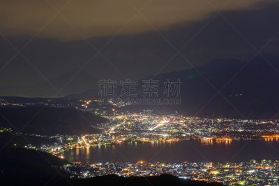 诹访,富士山,夜晚,山,城市,苏瓦湖,巴岳山,日本阿尔卑斯山脉,长野县,美