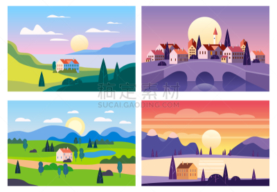 云,草,夏天,天空,绘画插图,卡通,自然,房屋,海洋,山