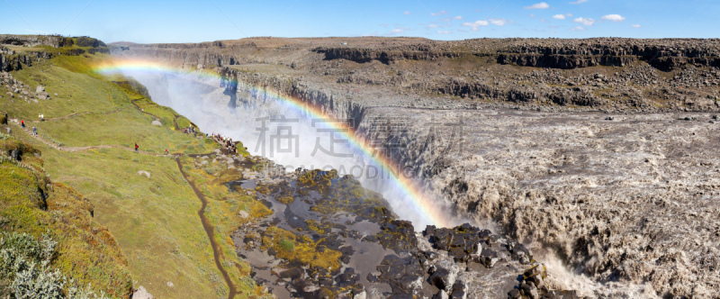 冰岛国,彩虹,黛提瀑布,在上面,旅游目的地,水平画幅,瀑布,熔岩,全景,旅行者