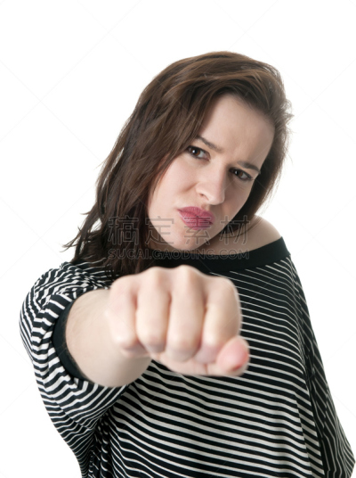 女人,拳头,暴力,背景分离,韧性,青年女人,棕色头发,浮士德,影棚拍摄,狂怒的
