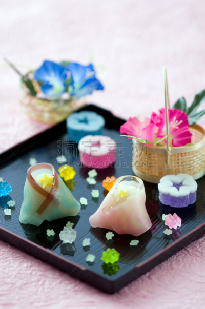 七夕节,日本点心,古早糖金平糖,牵牛花,垂直画幅,日本料理,无人,夏天,摄影