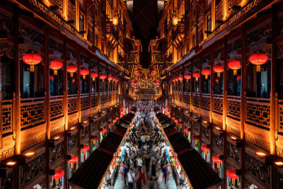 远古的,重庆,洪崖洞,灯笼,复古风格,户外,建筑,木制,夜晚,红色
