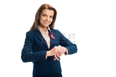 核对时间,女商人,世界艾滋病日,白色,概念,分离着色,艾滋病警示丝带,套装,微笑