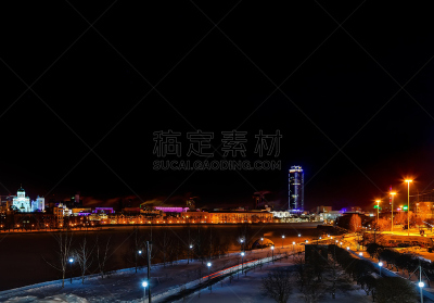 叶卡捷林堡,河堤,天空,夜晚,冬天,摩天大楼,暗色,乌拉尔山脉,霓虹色,外立面