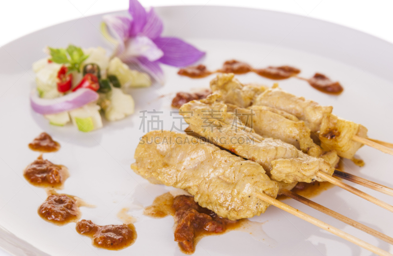 格子烤肉,猪肉,沙嗲,餐具,水平画幅,膳食,泰国,开胃酱,肉,烤的
