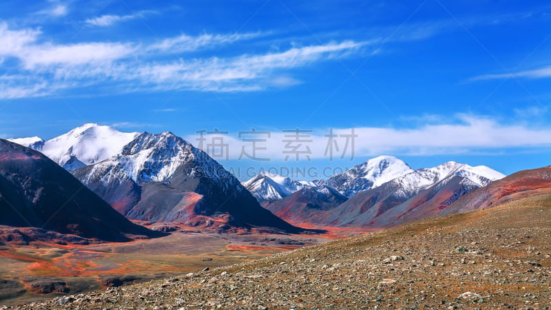 沟壑,雪,山,镜头摇上,阿尔泰山脉,雪球,天空,美,水平画幅,高视角