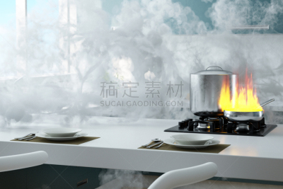 三维图形,厨房,烟,大量物体,水平画幅,无人,绘画插图,锅,危险,热