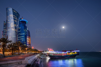 韦斯特湾,多哈,西海湾,旅游目的地,水平画幅,无人,城市天际线,户外,公寓,独桅帆船