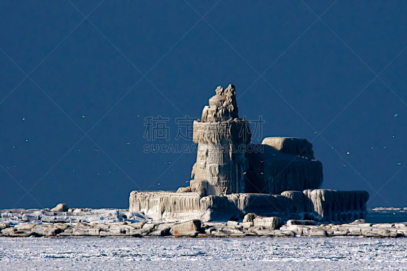 海港,灯塔楼,克里夫兰,水,水平画幅,雪,无人,鸟类,户外,湖