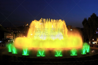 喷泉,巴塞罗那,西班牙,蒙特瑞克山,开演时间,夜晚,欧洲,城镇,图像,小溪