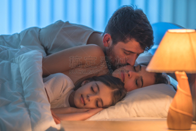夜晚,女儿,床,女人,男人,家庭,舒服,小的,梦想,床头柜
