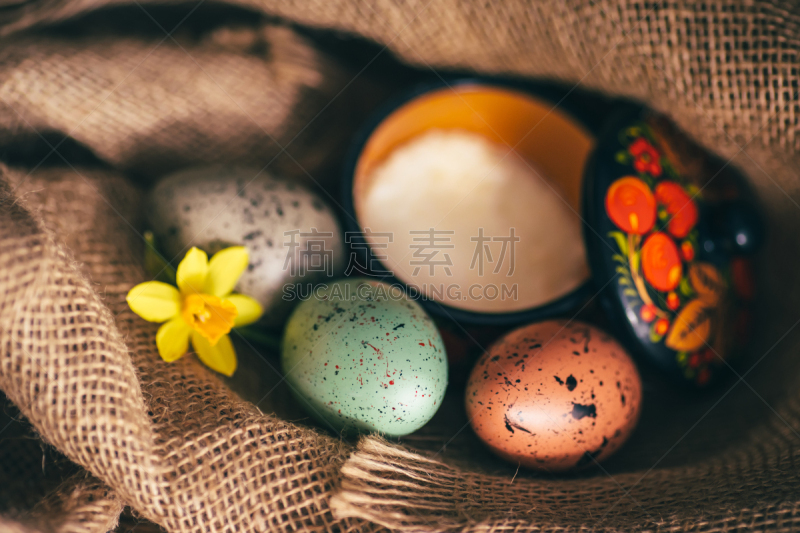 乡村风格,背景,复活节彩蛋,鸵鸟蛋,大口袋,粗麻布,复活节,褐色,水平画幅,纺织品