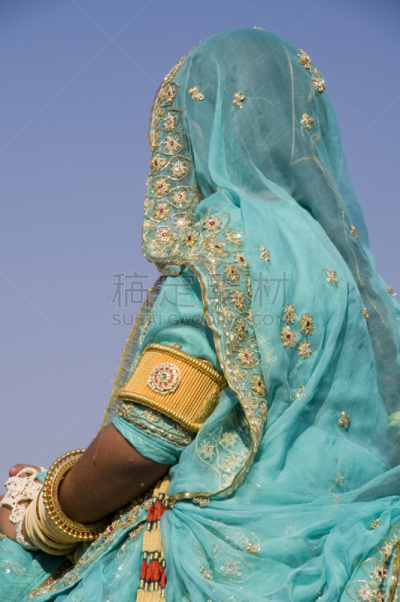 女人,蓝色,垂直画幅,青少年,纱丽,纺织品,银色,Desert Festival,传统,坐