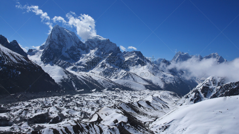 朱拉兹峰,冰河,丹母瑟库峰,国格佑峰,坤布,昆布地区,天空,水平画幅,雪,无人