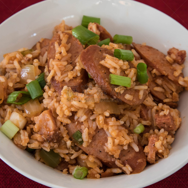白色,什锦菜,碗,饮食,香肠,美国,葱,米,无人,洋葱