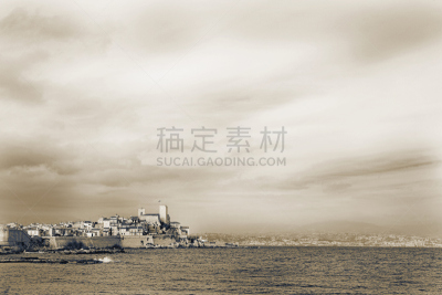 安提布,格里马尔蒂城,天使湾,欧盟旗,天空,水平画幅,墙,海港,旅行者,户外