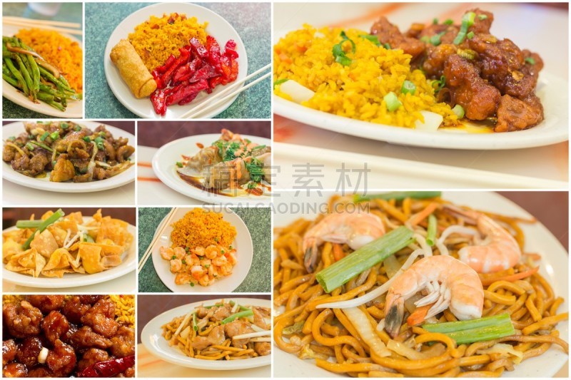 中国食品,抽象拼贴画,左宗棠鸡,捞面,炒面,签语饼,馄饨,中式外卖,嫩煎食品,饺子