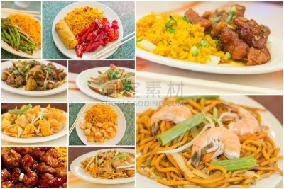 中国食品,抽象拼贴画,左宗棠鸡,捞面,炒面,签语饼,馄饨,中式外卖,嫩煎食品,饺子