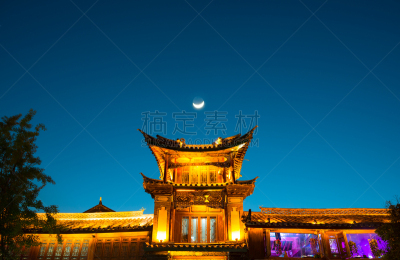 月亮,亭台楼阁,丽江,小旅馆,云南省,天空,夜晚,古典式,建筑业,光