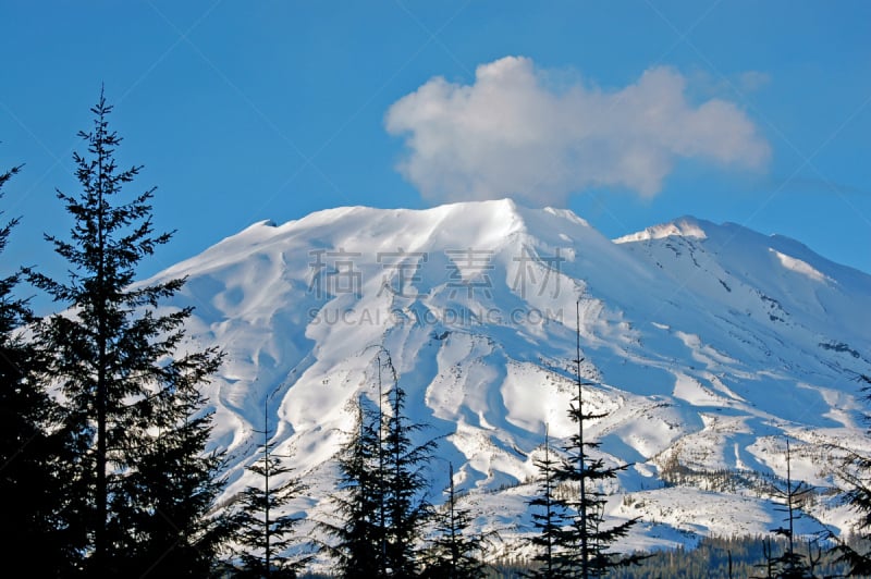 雪,蒸汽,小的,圣海伦火山,火山,水平画幅,山,无人,蓝色,户外