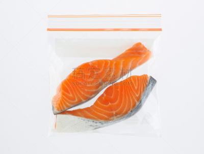 保鲜袋,切片食物,三文鱼,可密封的,塑料袋,水平画幅,无人,生食,白色背景,海产
