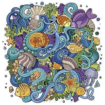 绘画插图,水下,卡通,新生活,水,贝壳,夏天,复杂,石头,植物