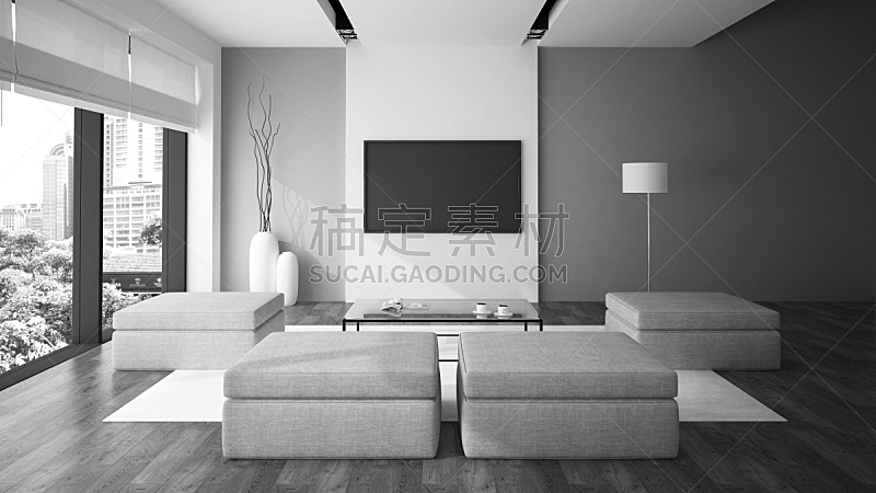 白色,室内,三维图形,极简构图,黑色,简单,窗帘,扶手椅,地板,沙发