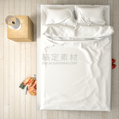 床,正上方视角,空的,双人床,羽绒被,床上用品,床单,枕头,床头柜,凌乱