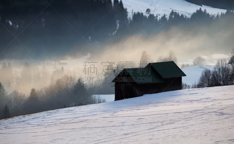 巴伐利亚,冬天,阿尔卑斯山脉,黄昏,日光,水平画幅,山,小木屋,雪,无人