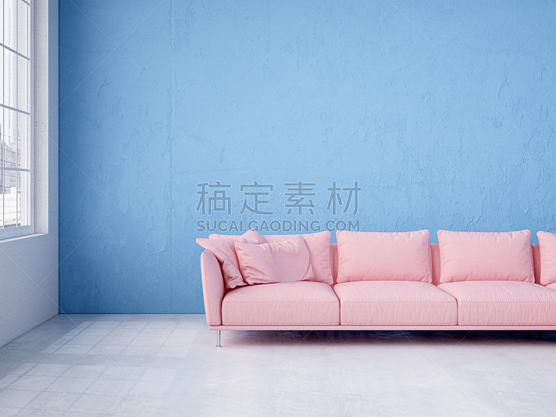 现代,沙发,蓝色,室内,墙,三维图形,粉色,水平画幅,无人,天花板