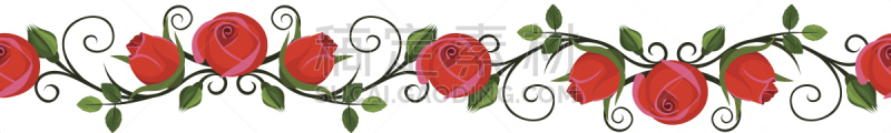 水平画幅,绘画插图,玫瑰,晕影效果,花蕾,矢量,红色,美,边框,古典式