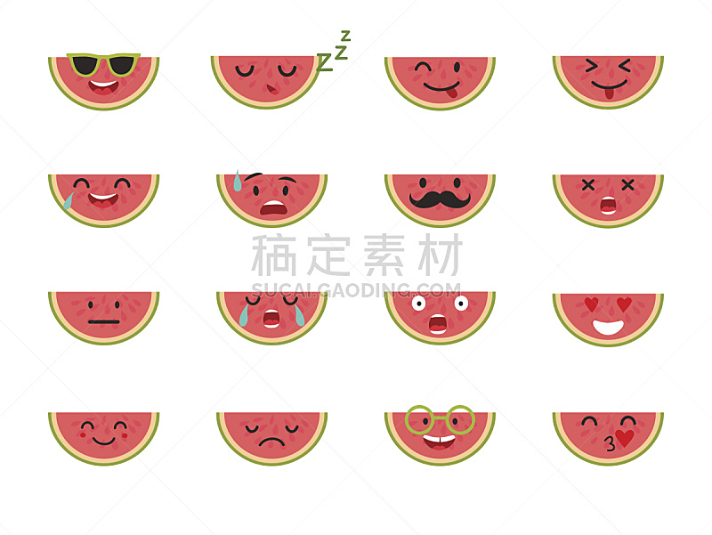 西瓜,表情符号,人的脸部,矢量,水果,可爱,面部扭曲,拟人笑脸,多汁的,分离着色