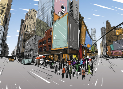 绘画插图,城市,矢量,个性,曼哈顿时代广场,漫画书,纽约,艺术,国际著名景点,绘制