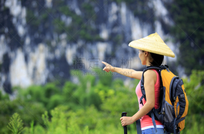 女人,徒步旅行,风景,桂林,人的脸部,雨帽,兴平,锥形帽,竹林,阳朔