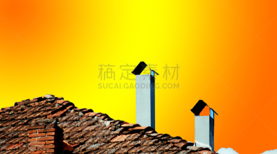 烟囱,锡,瓦,图像特效,水平画幅,图像处理,色彩渐变,房屋,烟,两个物体