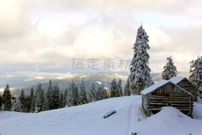冬天,卡帕锡安山脉,天空,阿尔卑斯枞树,度假胜地,水平画幅,别墅,谷仓,雪,无人