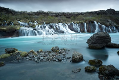 瀑布,Hraunfossar,自然,水,水平画幅,冰河,无人,蓝色,巨大的,野外动物