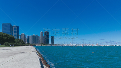 芝加哥市,城市天际线,密歇根湖,水,天空,水平画幅,无人,户外,湖,北美
