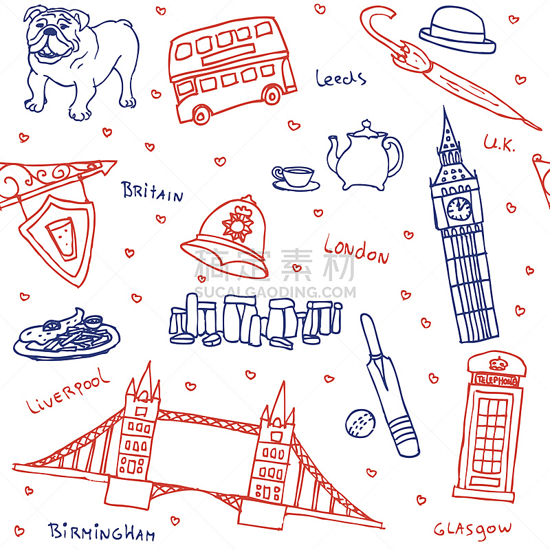 国际著名景点,英国,符号,四方连续纹样,双层巴士,炸鱼薯条,板球,利物浦,电话亭,英格兰斗牛犬