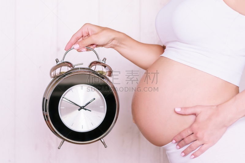 钟,女人,拿着,白色人种,肚子,巨大的,生物钟,产前护理,腹腔,腹部