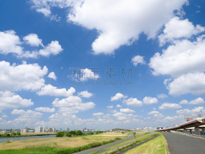 夏天,早晨,河床,城市生活,云,荒川河,枝繁叶茂,河流,户外,天空