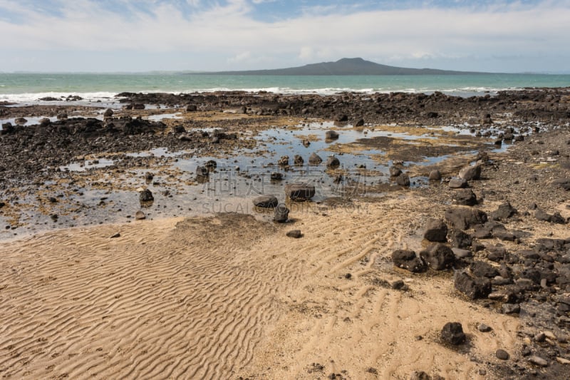 朗伊托托岛,海滩,米尔弗德,hauraki gulf islands,潮水坑,天空,水平画幅,沙子,岩石,无人