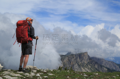 the vercors,徒步旅行,天空,留白,登山杖,水平画幅,云,袜子,夏天,户外