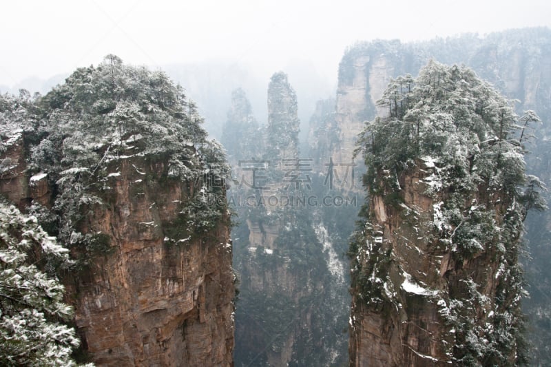 雪,冬天,雾,石英岩,张家界,湖南省,原始主义,沟壑,水平画幅,山