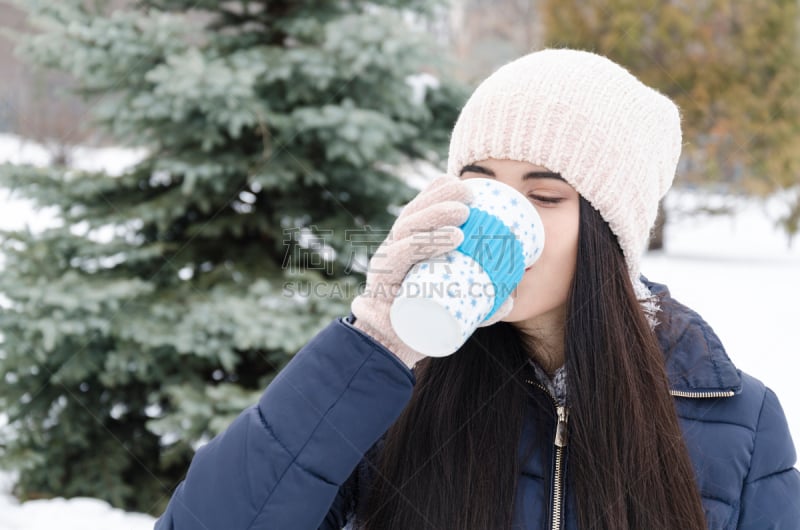 杯,霜,冬天,白昼,热感效果,女孩,茶,寒冷,热,手套