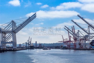西雅图,水,天空,重的,仓库,水平画幅,工业船,海港,货运,交通方式