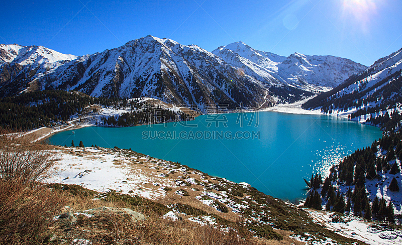 阿拉木图,巨大的,湖,哈萨克斯坦,天山山脉,自然,天空,水平画幅,地形,山
