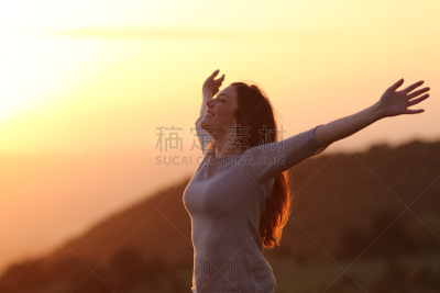 提举,清新,女人,呼吸运动,手臂,半空中,天空,青少年,风,四肢