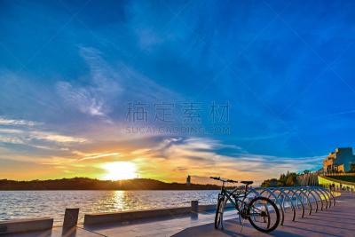 黎明,伯利·格里芬湖,在上面,水,天空,水平画幅,早晨,自行车架,户外,湖