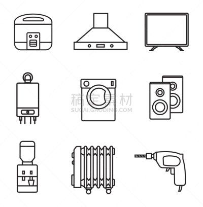用具,黑色,标志,图标集,白色背景,垂直画幅,绘画插图,抽油烟机,符号,电饭锅